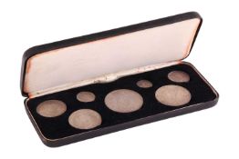 A Queen Victoria Jubilee 1887, seven specimen silver coin set, in a fitted snap presentation case. 1