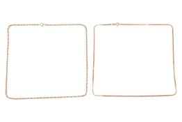 Two 9ct gold chains; the first a 9ct gold box chain, measuring 49.5cm in length, featuring London im