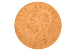 An Italian 1868 twenty lire gold coin, 6.4 grams, 20 mm diameter.