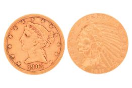 Two United States five-dollar gold coins, including a 1911 