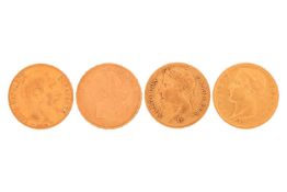 A collection of four French (Republique Francaise) twenty franc gold coins, including,1807,1811, 185