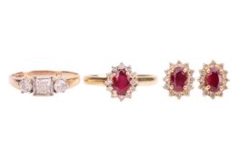 A flux-healed ruby and diamond halo ring in yellow metal stamped '750', size O; together with a pair
