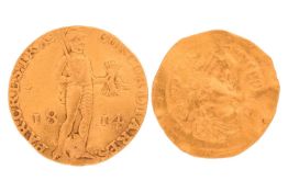 A Dutch 1814 gold ducat, together with a possibly early English hammered gold coin, markings now ext