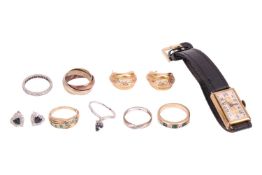 A small group of jewellery and a watch; To include two emerald and diamond rings, one hallmarked 9ct