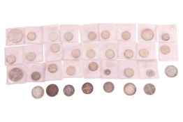 Group of Victorian silver coins, including a 1887, Gothic florin, 1888 crown, 1893 florin and others