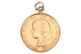 A Dutch 10 Guilder gold coin, 1897, Utrecht, Netherlands, mounted for a chain 6.9 grams.