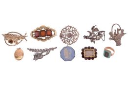 A small collection of mourning jewellery and others; to include a mourning ring set with a turquoise
