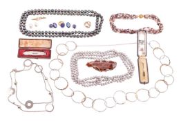 A collection of jewellery to include; three pearl necklaces including a single row necklace of 114 b
