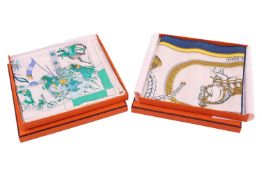 Hermès - two silk square scarves; to include a 'Fantaisies Indiennes' in the colourway white, bright