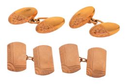 A cased pair of cufflinks in 9ct gold, rectangular panels decorated with engine turned design, 3.3 g
