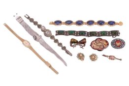 A mixed group of jewellery items comprising a pair of turquoise and pearl-set floral filigree ear cl