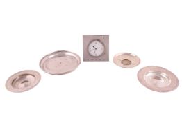 A H.M.Queen Elizabeth II Silver Jubilee circular tray, 15cm, two Alms-type circular pin trays, a mod