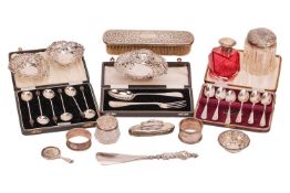Mixed group of small silver items, to include dressing table jars, a ruby glass scent bottle and oth