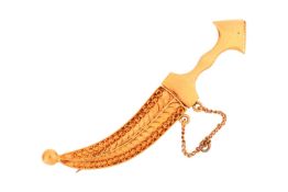 A jambiya dagger brooch, in a filigree sheath with bead finial, opening to reveal blade, fixed with 