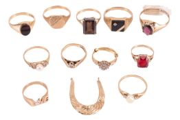 A group of gem-set rings, to include two 9ct gold cultured pearl rings, three signet rings two hallm