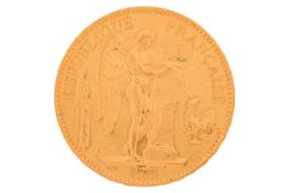 A 'Republique Francaise' 1908 French one-hundred-franc gold coin, 32.3 grams, 34 mm diameter.