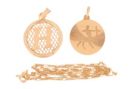 Two pendants and a chain; to include a pierced circular pendant with applied initial 'H', on a taper