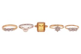 Five gem-set rings; to include a diamond trilogy ring in 9ct bi-coloured gold, size M½; a 7.2 mm cul