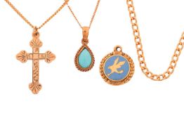 A small collection of 9ct gold jewellery; to include a teardrop turquoise cabochon in a conforming b