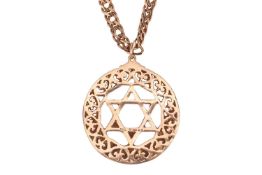 A 9ct gold Star of David pendant on chain, the round pendant pierced with Star of David within a scr