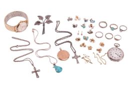 A mixed group of jewellery items comprising six silver rings, eight pairs of yellow metal earrings, 