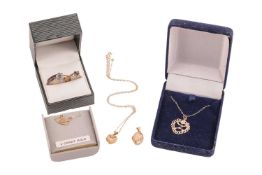 A small group of jewellery, to include a heart-shaped initial pendant on chain, surface testing as 9