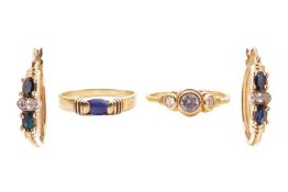 A small group of jewellery items comprising a pair of sapphire and diamond-set hoop earrings, in yel