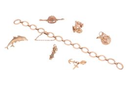 A bracelet and a collection of charms, the bracelet formed of thirteen oval-shaped links connected b