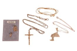 A mixed group of jewellery items comprising a 9ct gold crucifix pendant, to a 9ct gold twist link ne