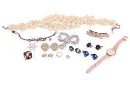A small collection of costume jewellery to include a multi-strand faux-pearl necklace marked 'L.K.Be
