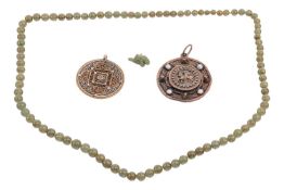 A small group of jewellery items comprising a single strand necklace of jadeite beads, graduated in 