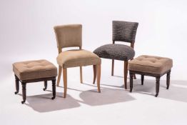 A matched pair of Benchmark Furniture dining chairs, in oak and walnut, with overstuffed seats, 81 c