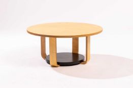 A prototype circular coffee table, designed by Terence Conran, birch ply, 39 cm high x 85 cm diamete