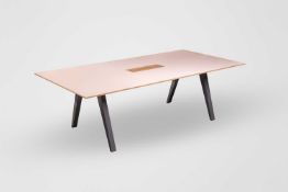 A large 'Victoria' rectangular desk, made by Benchmark for Sony, stained natural oak and ash, the ce