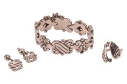 A Taxco bracelet and earrings set, together with a cuff ring; the heavy link bracelet of cross motif