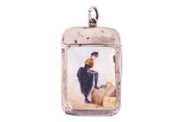 A Victorian risqué silver and enamel vesta case by William Neale, Chester 1888, featuring an enamel 