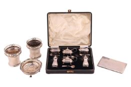 A cased six-piece silver cruet set, Birmingham 1933 by Adie Brothers, together with a cigarette case