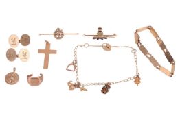 A mixed group of jewellery items comprising a yellow metal panel link bracelet marked ‘9ct’, a 9ct g