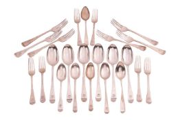 A part mixed canteen of Old English and Hanoverian pattern flatware, with crests engraved to termina