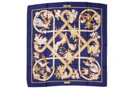 Hermès - 'Caraibes (Caribbean)' silk square scarf in navy, white and gold, designed by Christiane Va