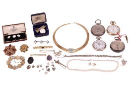 A small collection of silver and paste costume jewellery to include; a pair of cultured button pearl