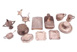 An Art Deco silver hip flask by Dunhill; the slightly curved, engine-turned, rectangular body, with 