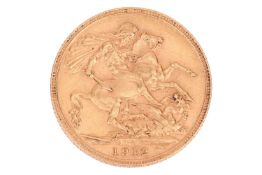 A 1912 George V full sovereign, obverse bare head to the left.