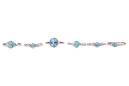 Six 9ct white gold dress rings set with greenish-blue gemstones; to include five apatite and diamond