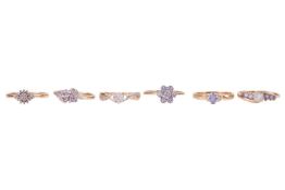 Six gem-set rings, comprising a 9ct gold diamond-set ring, of floral design, size S, a 9ct gold diam