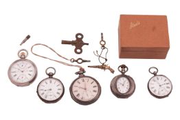 A collection of five various silver pocket watches to include an oval-faced face, a keyless cylinder