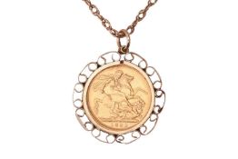 An 1892 Queen Victoria full sovereign, in a 9ct gold detachable mount with scrolled and scalloped bo