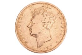 A George IV 1827 sovereign, obverse shield back and bare head.