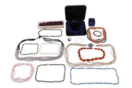 A collection of beaded jewellery; to include a multi-row emerald bead necklace with silver gilt clas