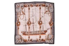 Hermès - 'Tribord (Starboard)' silk square scarf in black, grey and brown on cream ground, designed 